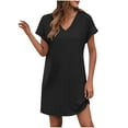 thumbnail image 2 of Clearance under 10$ Sevevn Women Fashion V-Neck Pockets Button Dress Solid Short Sleeve Dress Women Beach Fashion Black M, 2 of 8