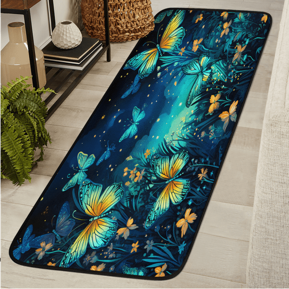 CURLYOOT Butterfly Flower Runner Rug 2'x6' Washable Kitchen Runner Rug Indoor Non Slip Laundry Rugs Fantasy Floor Carpet for Hallway Kitchen Entryway Bedroom Living Room