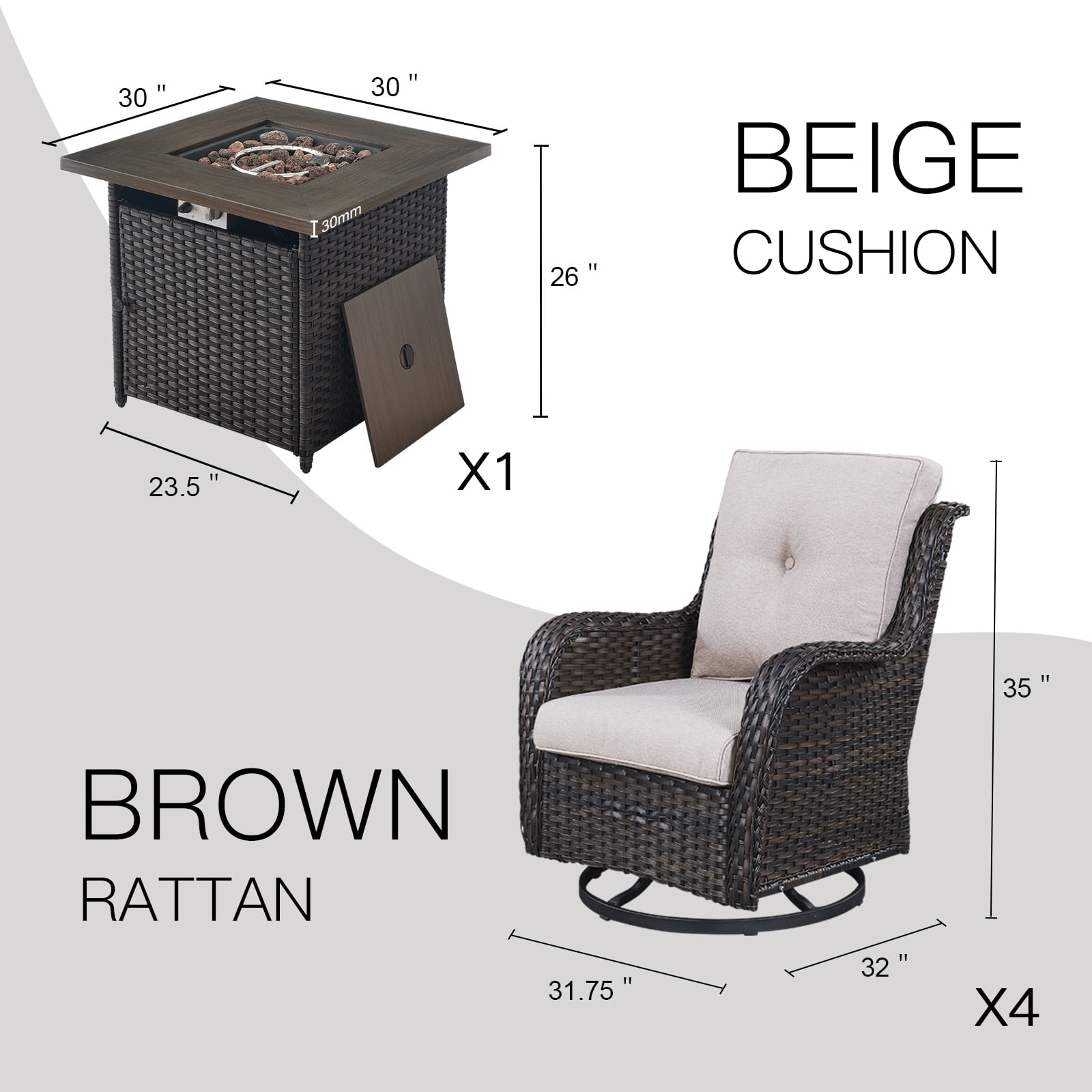 Gymojoy 5-Piece Patio Furniture Set with Rectangular Fire Pit Table, Swivel Rocking Chairs, Outdoor High Back Wicker Rattan Conversation Set with 4-inch Beige Cushions