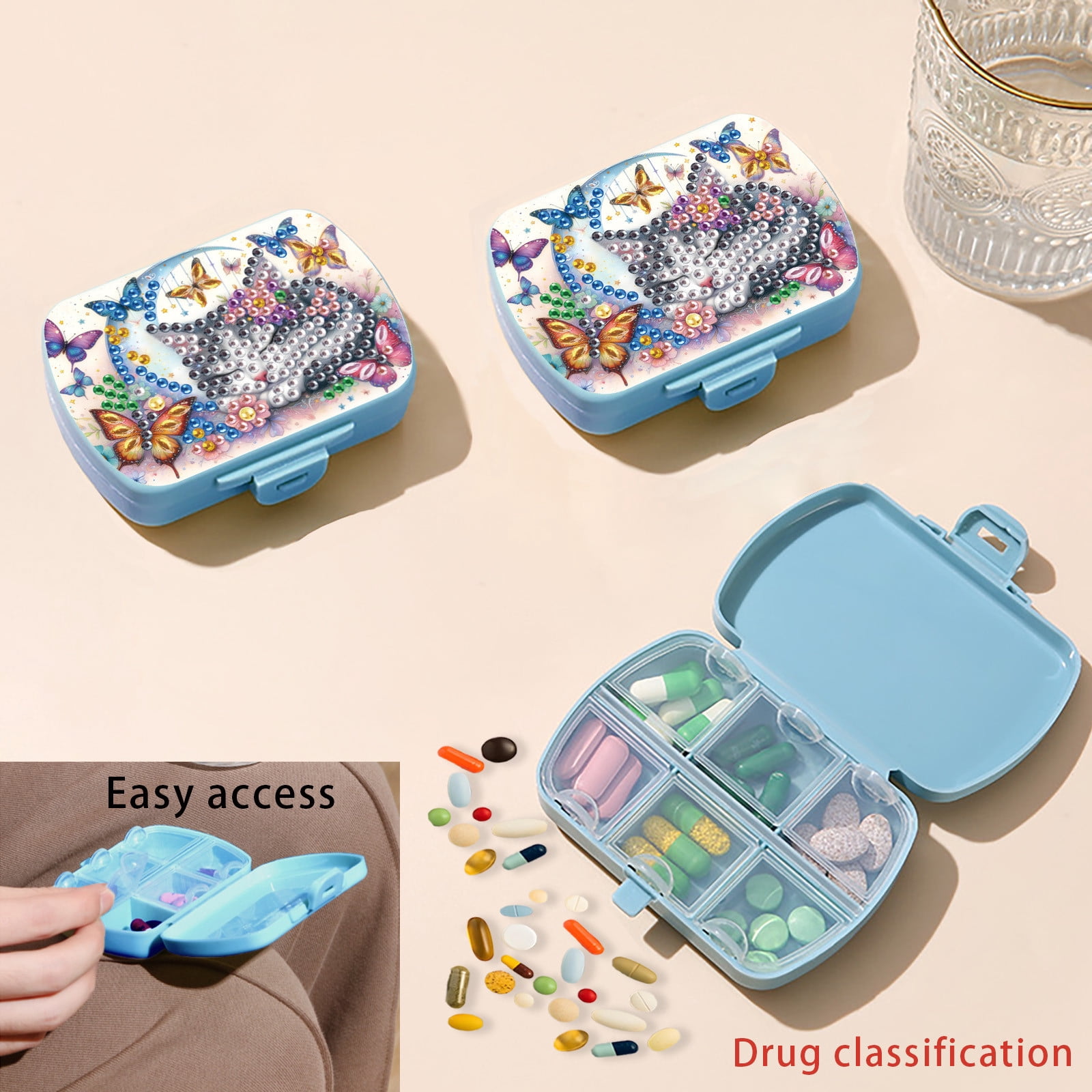 FLOPESN Diamond Art Painting Mini Storage Box with 6-Grid,Creative Design Compact Portable Small Case for Purse Travel Daily- Cat