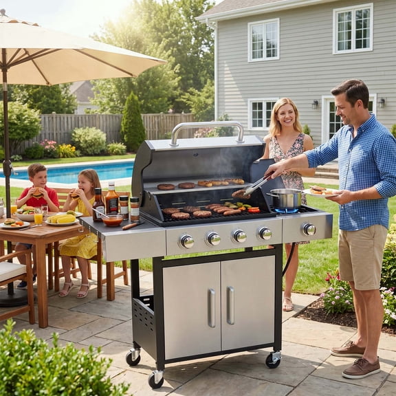 LazySunsets 4 Burner Gas Propane Grill, with 4 Casters, Side Table, and Thermometer, Patio Garden BBQ Grill Perfect for Camping, Black and Silver