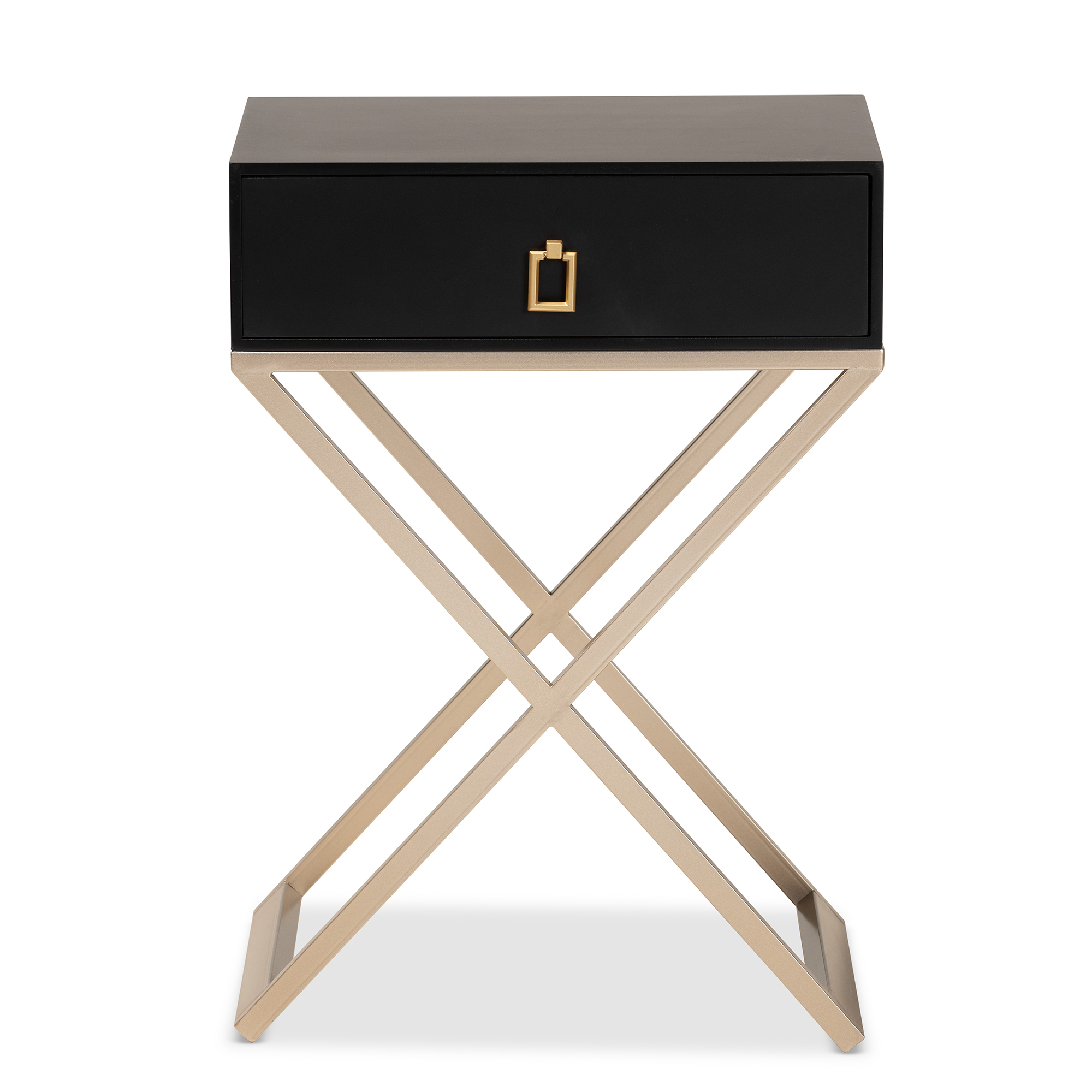 Baxton Studio Patricia Modern and Contemporary Black Finished Wood and Powder Coated Brass Effect Metal 1-Drawer End Table