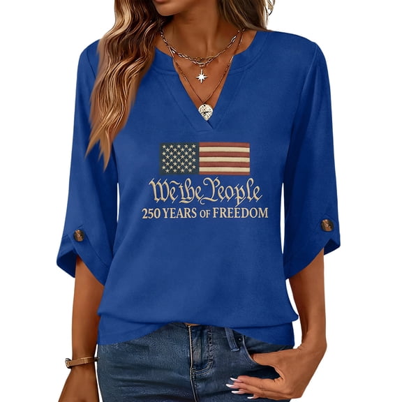 Evdexr Womens 250th Anniversary Usa Tops 1776 2026 V Neck Shirts Patriotic Graphic 3/4 Sleeve Red Blue and White T Shirts 4th Of July Lightweight Casual Shirt Royal Blue L