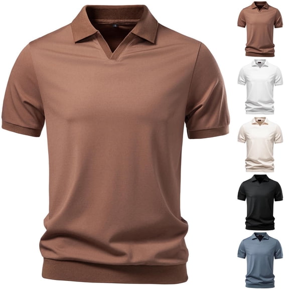 UVEASISHA Mens Classic Fit Polos Shirts Casual Business Spread Collar T-Shirts Short Sleeve Lapel V Neck Golf Shirt Solid Color Athletic Tshirts Beige L