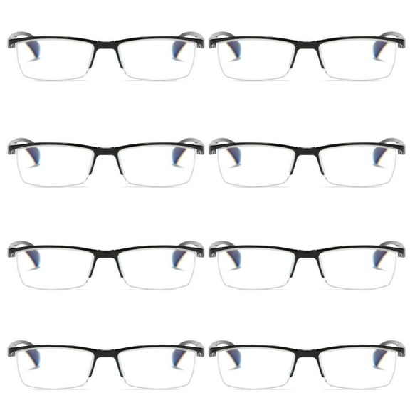 8 PK Mens Reading Glasses Readers - Rectangular Half-Frame - Lightweight & Spring Hinge - Block Harmful Blue Light 0.75