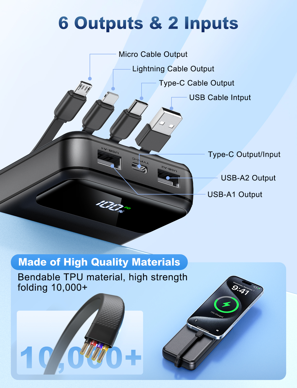 Breezio 50000mAh Portable Charger with Built-In Cables, Black photo 3