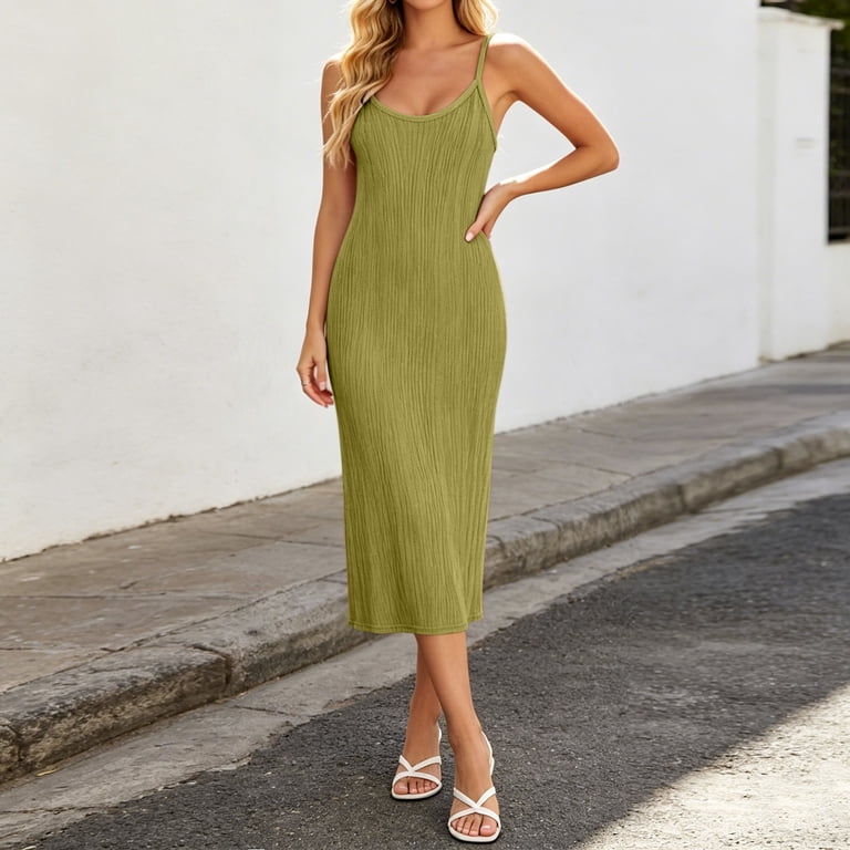 XIAOCHA Ribbed Texture Slip Dress for Women Scoop Neck Thin Strap Summer Casual Midi Dress