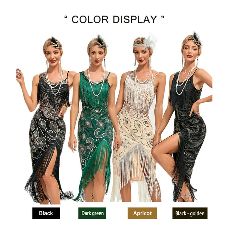 Vintage Great Gatsby Party Flapper Dress Sleeveless Sequins Tassel Dresses  Cocktail Prom Size XS-3XL Long Skirt,Black And gold,XL - Walmart.com