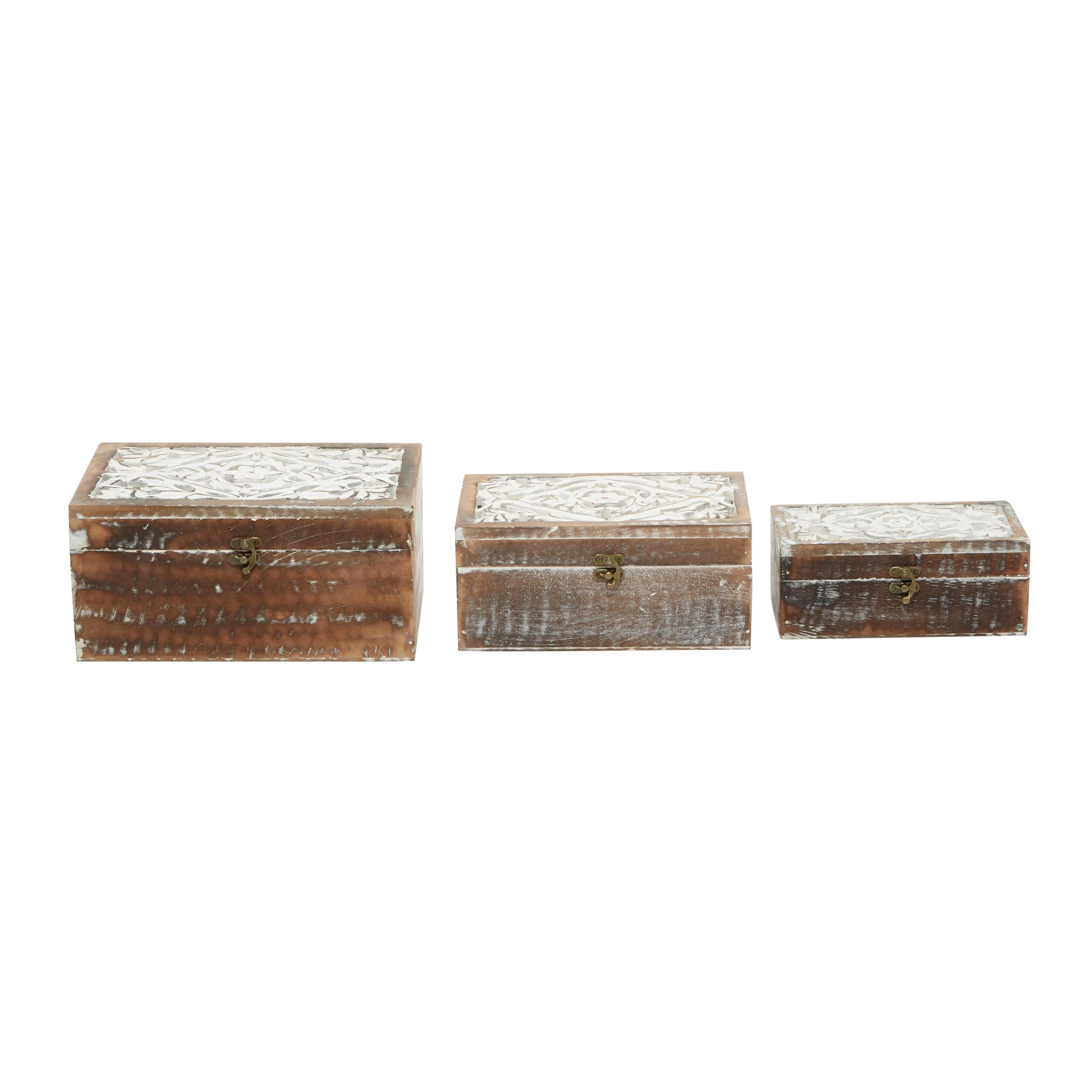 DecMode Floral Handmade Brown Wood Decorative Box with Hinged Lid, 3 Count