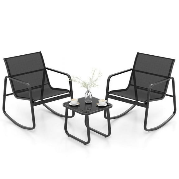 Spaco 2 Rocking Bistro Chairs and Glass-Top Table for Porch Yard Balcony-Black Deluxe Outdoor Patio