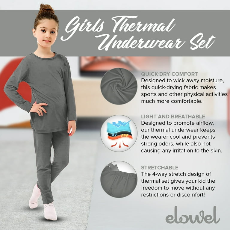 Elowel Thermal Underwear Set for Girls Kids Thermals Base Layer Small Gray  