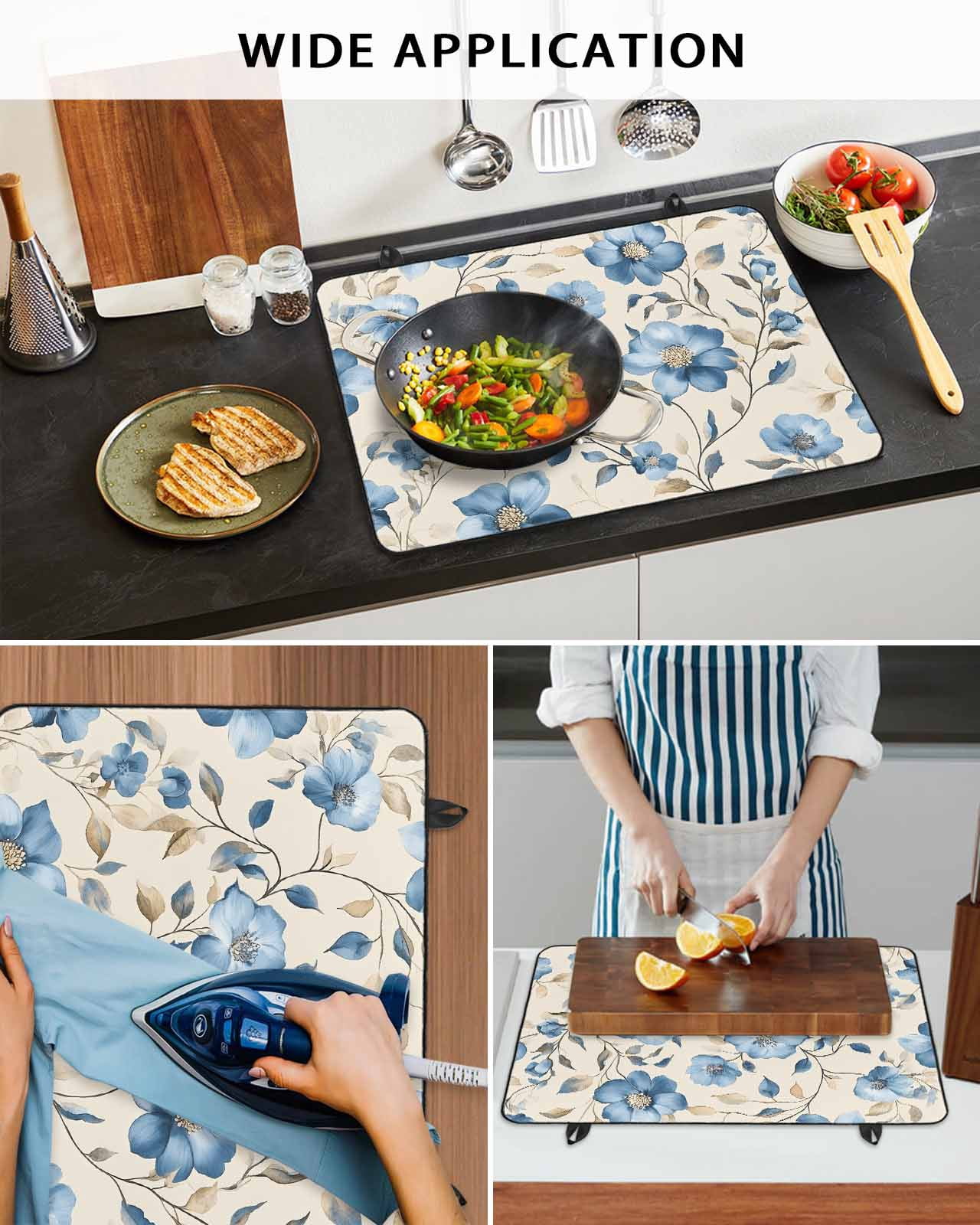 nqOlkjepod Large Induction Cooktop Protector Mat 24"x21", Flower Floral Stove Top Covers for Electric Stove, Watercolor Blue Brown Plant Leaf Branch Stove Burner Cover Mats, Glass Top Stove Cover