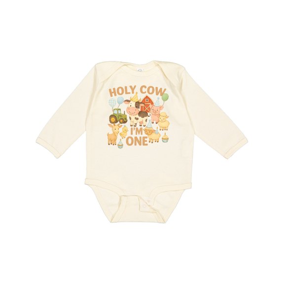 Inktastic Holy Cow I'm One Boy Farm Animal Birthday Boys or Girls Long Sleeve Baby Bodysuit
