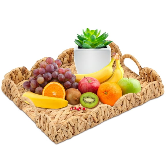 3Pcs Serving Tray Scalloped Edge Rattan Basket Decorative Rattan Tray Rattan Organizer Trays Multipurpose Table Decor Trays for Family Kitchen Farmhouse Tea Room