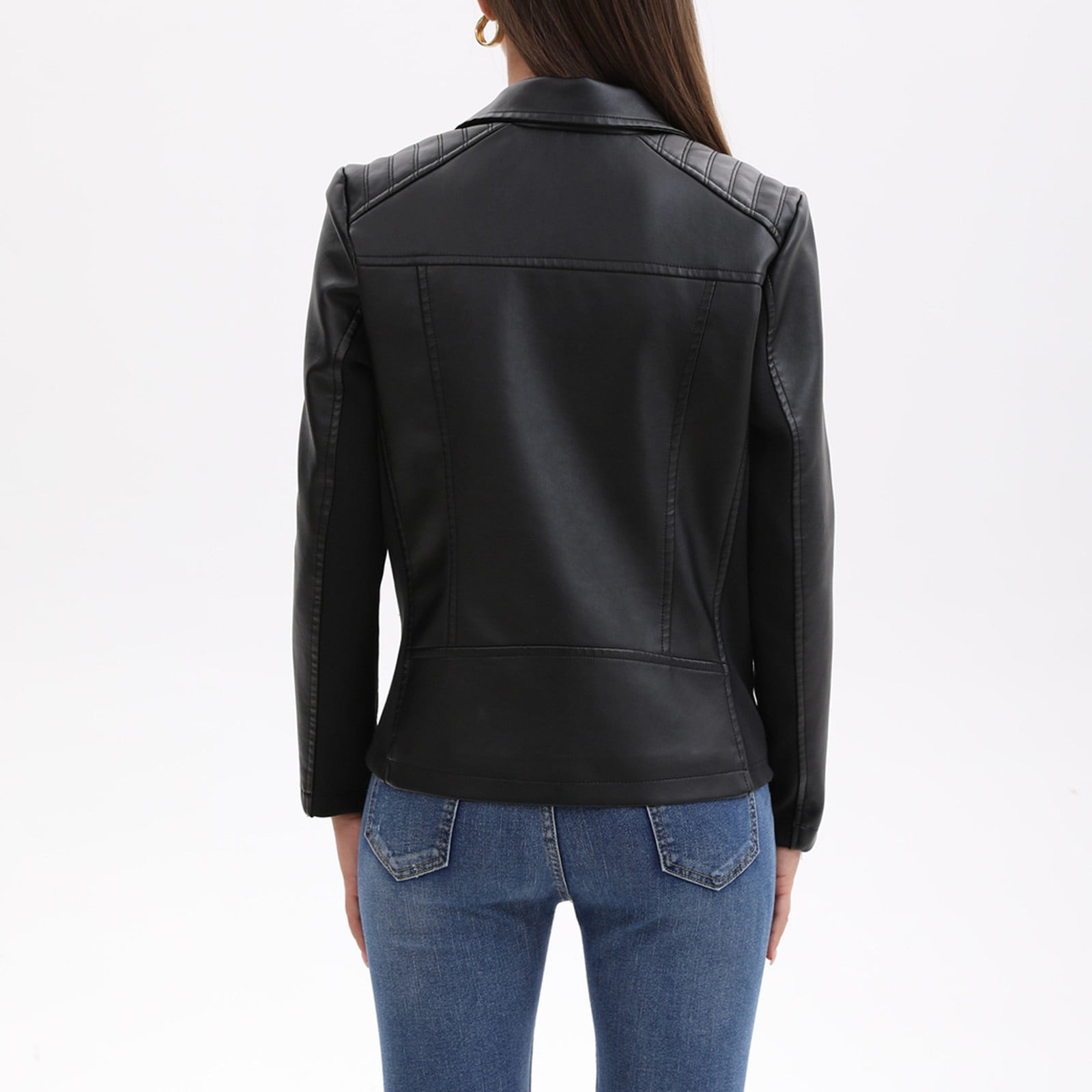 WTOBBY Women's Faux Leather Moto Jacket Short Coat Biker Style Casual Outerwear Solid Color Zippered Front with Stand Collar Edgy Street Look for Night Out,Black M