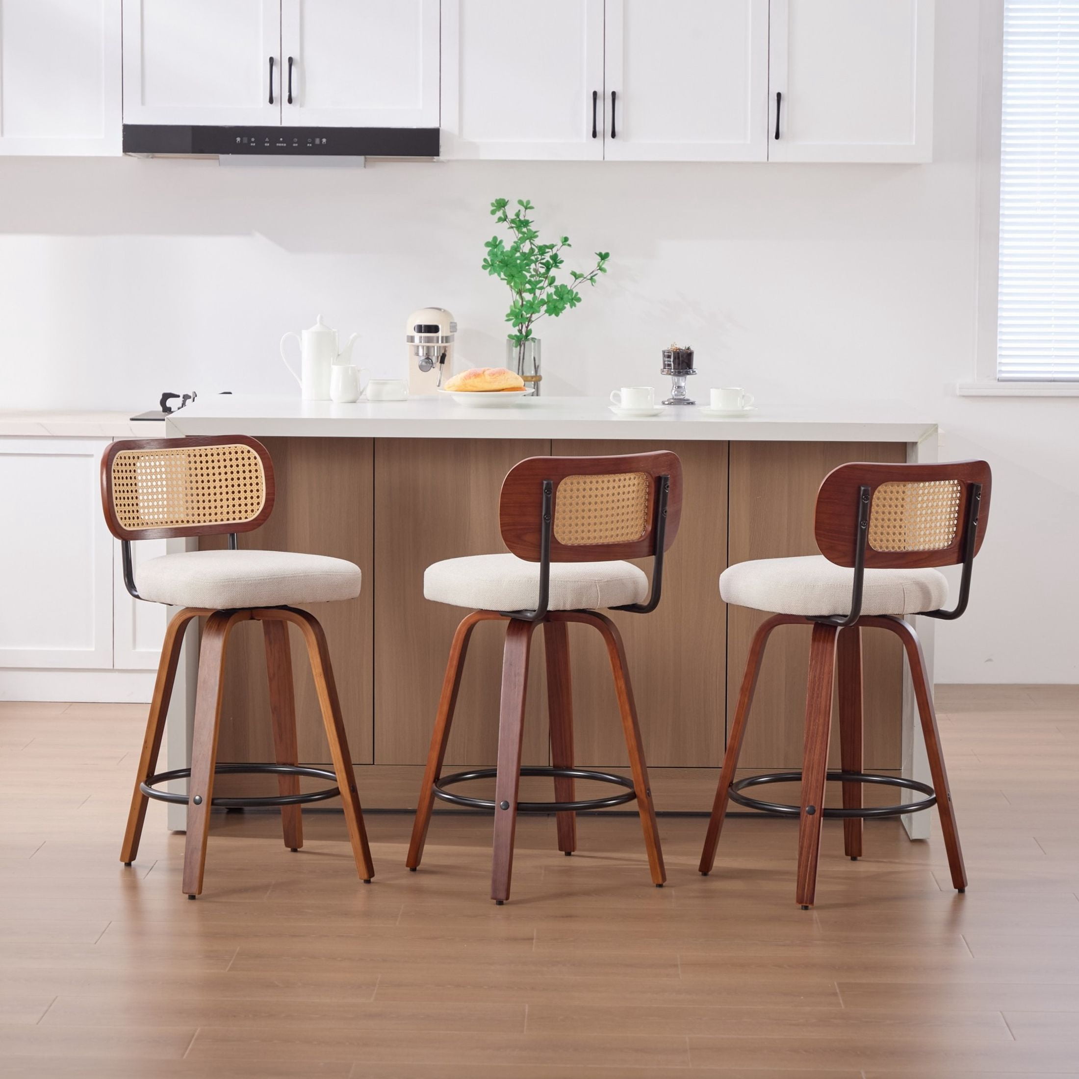 Noble House Set of 3 Counter Height Bar Stools, Cane Back, Linen Upholstered Seat, Walnut + Beige