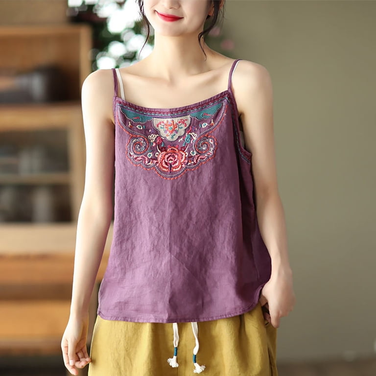 Womens Summer Tops Embroidery Linen Camisole Casual Womens