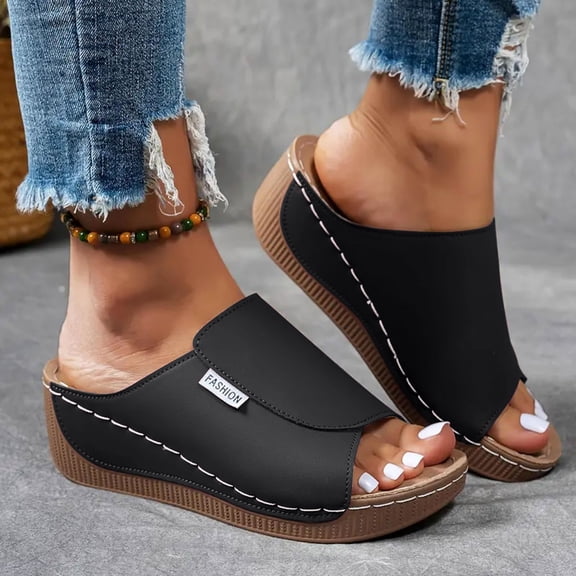Summer Sandals For Women Black Sandals Dressy Wedge Sandals for Women - Comfortable Rubber Sole Summer Shoes, Casual Slip On Walking Sandals
