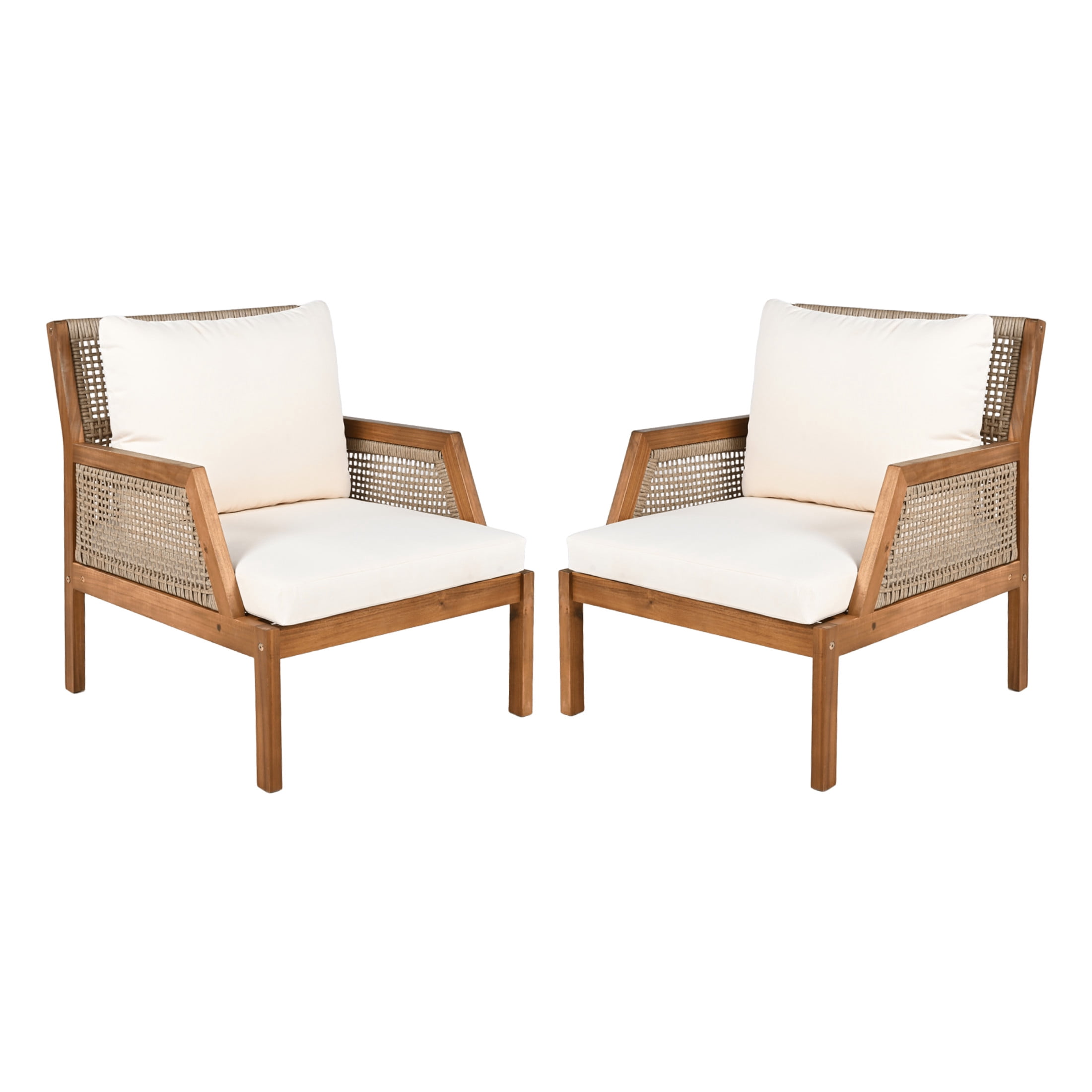 Boho Outdoor Patio Wicker Club Chair, Armchair with Solid Wood Frame, Water-Repellent Cushions, Cream, Set of 2