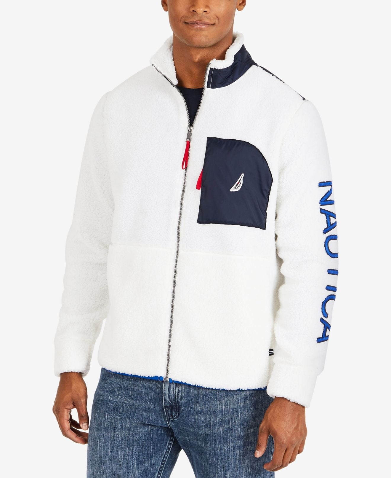 Nautica Mens Jacket Large Sherpa Full Zip Colorblock L