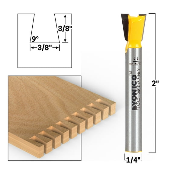 9° X 3/8" Dovetail Router Bit - 1/4" Shank - Yonico 14826q