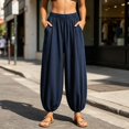 thumbnail image 4 of Cotton Linen Barrel Pants Women Wide Leg Palazzo Summer Baggy Harem Pants Boho Casual Trousers with Pockets Beach Vacation Navy XXL(XXL), 4 of 7