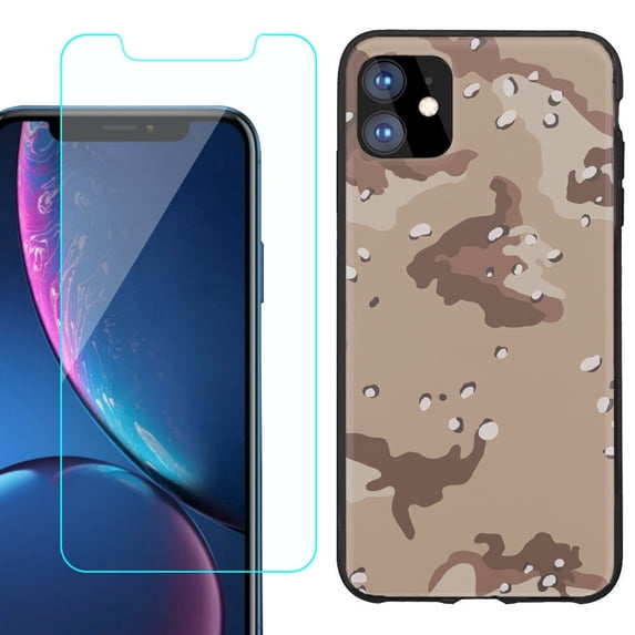 For Apple iPhone 11 Phone Case , Slim-Fit TPU Protective Case (Black), with Tempered Glass Screen Protector, by OneToughShield ® - Desert Camo