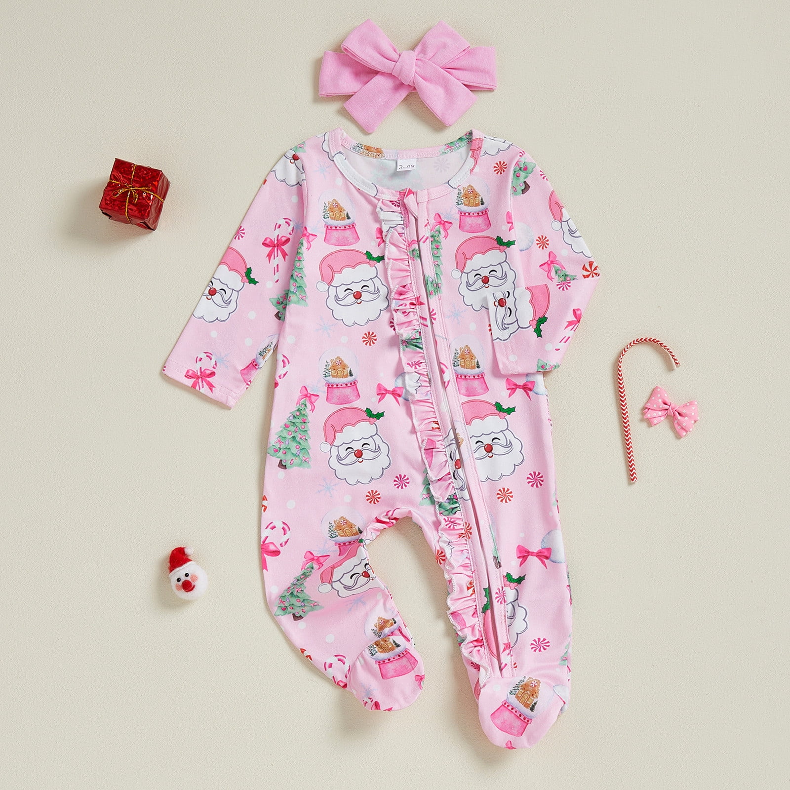 FYDUU Christmas Newborn Baby Girl Footies Romper Ruffle Long Sleeve Sleeper Zip Up Footed Pajamas Jumpsuit And Headband Coming Home Outfits Leisure Sweatsuits