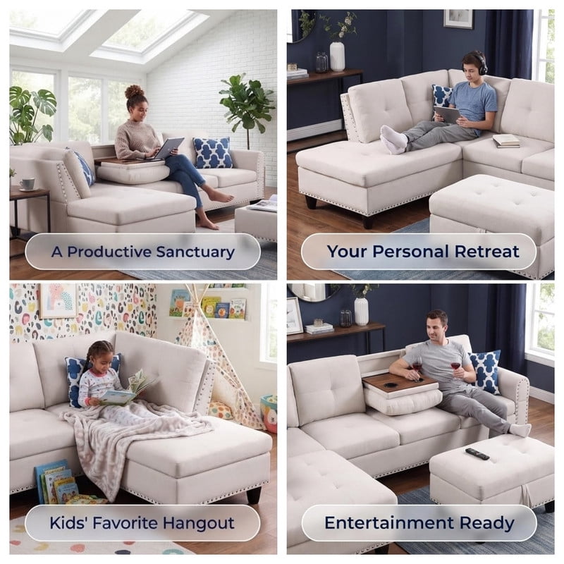 98" L-Shaped Sectional Sofa with Storage Ottoman, 4-Seat Linen Upholstered Modular Couch with Left Chaise, Drop-Down Backrest with Cup Holders, Nailhead Trim, 3-Piece Sofa Set for Living Room, Office