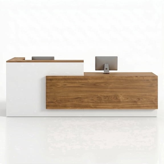 YTElantivo 71-inch L-Shaped Reception Desk with Right Return and Raised Counter, European Oak and White