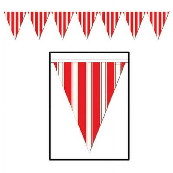 Pack of 12 Red and White Striped Circus Carnival Pennant Banners 12'