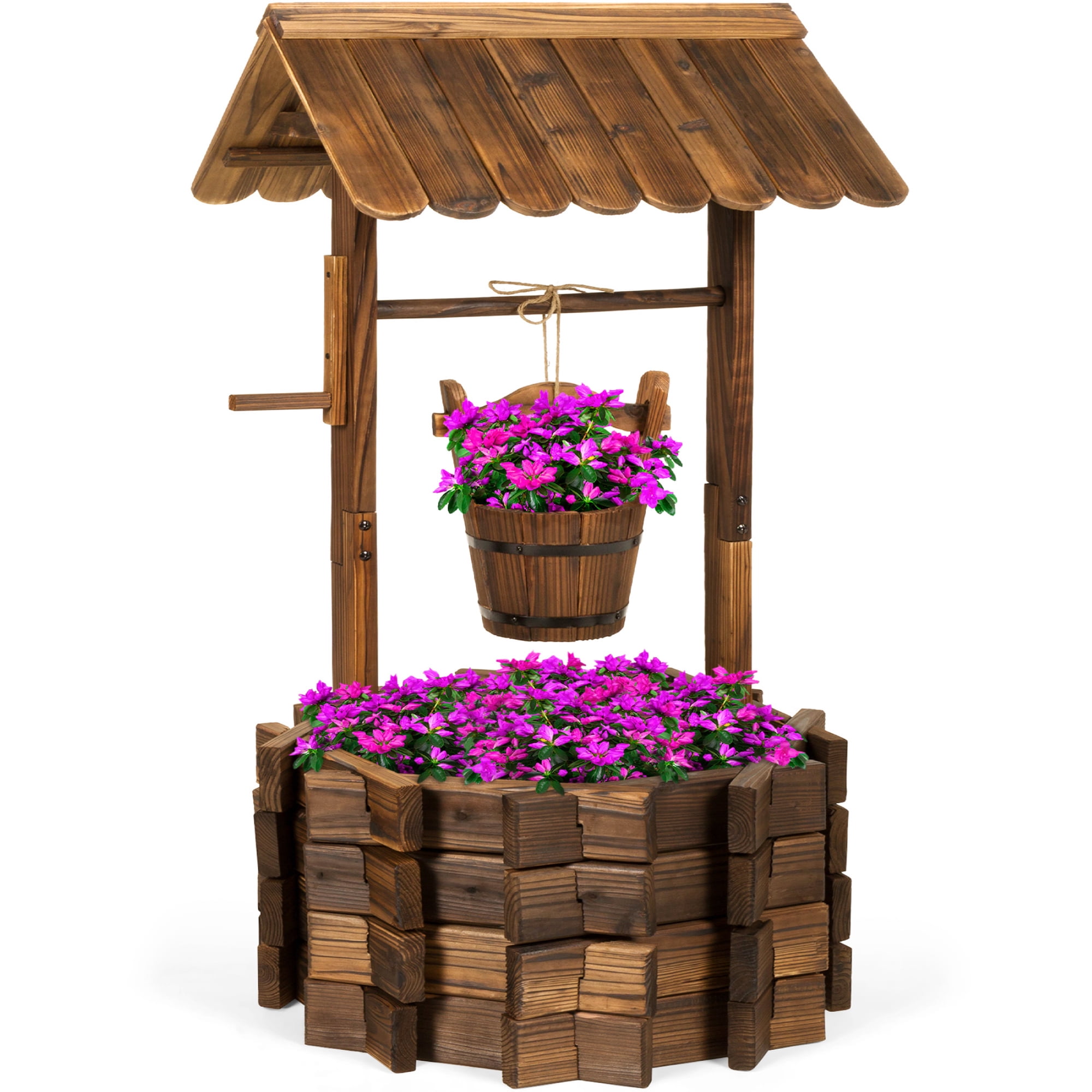Best Choice Products 21.5" Rustic Wooden Wishing Well Planter Outdoor Home Decor for Patio, Garden, Yard w/ Hanging Bucket