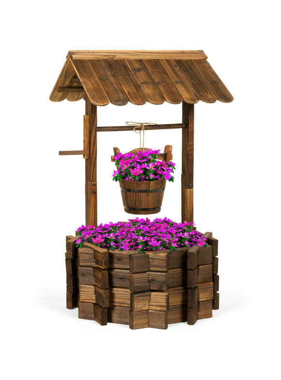 Best Choice Products Rustic Wooden Wishing Well Planter Outdoor Home Decor for Patio, Garden, Yard w/ Hanging Bucket