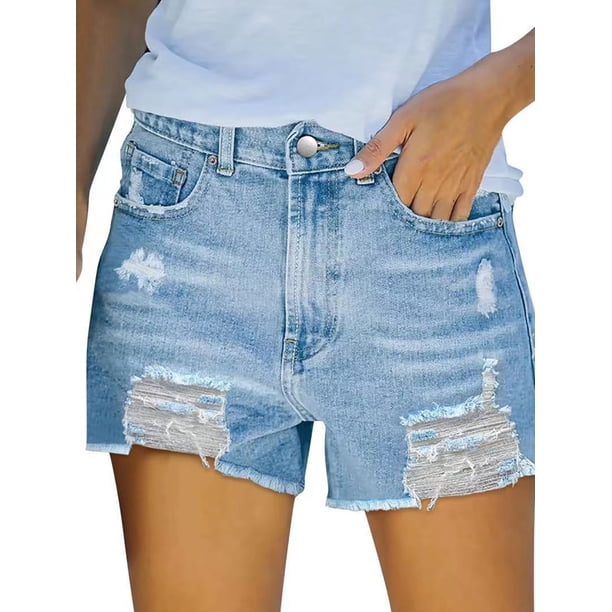 Gvmfive Women High Rise Frayed Hem Denim Shorts Casual Summer Ripped