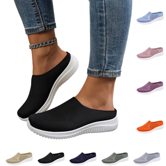YOUYEDIAN Women's Knitted Mesh Walking Mules Orthopedic Shoes for Women Fashion Backless Breathable Lightweight Slip On Sneakers Soft Sole Non-Slip Loafers (Black, 8.5 Wide)
