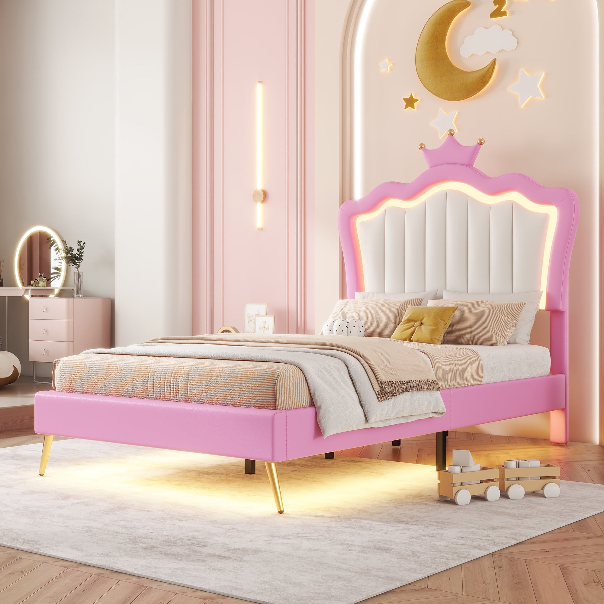 Bellemave Twin Size Upholstered LED Bed Frame, Princess Platform Bed with Crown Headboard, Pink Cute Girls Full Beds with Wooden Slats Support, No Box Spring Needed-Pink