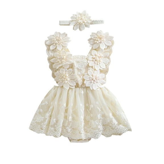 Suealasg 2Pcs Baby Girl Summer Birthday Outfit Flower Embroidery Lace Tulle Romper Dress  Bow Headband 3 6 12 18 24 Months Infant Girls Photoshoot Clothes