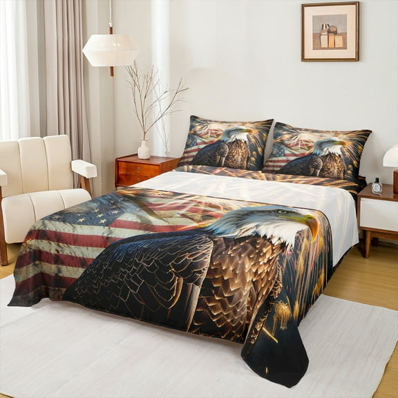 Manfei Animal Eagle 3pcs Twin Sheet Sets for Teens Female Men,USA Flag Twin Fitted Sheet,Independence Day Firework Breathable Flat Sheet,Breathable Home Decor