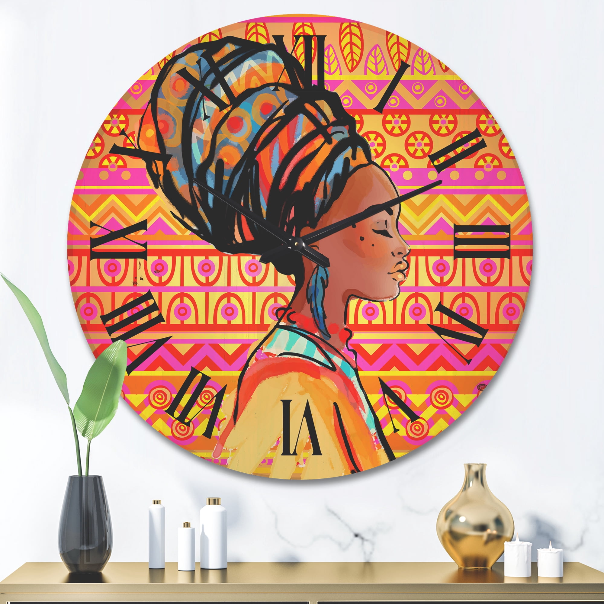Designart 'Portrait of African American Woman With Turban I' Modern Wood Wall Clock
