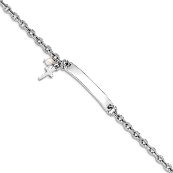 925 Sterling Silver Rhodium Plated Religious Faith Cross Freshwater Cultured Pearl Bar With 1inch Ext. Bracelet 7 Inch 2