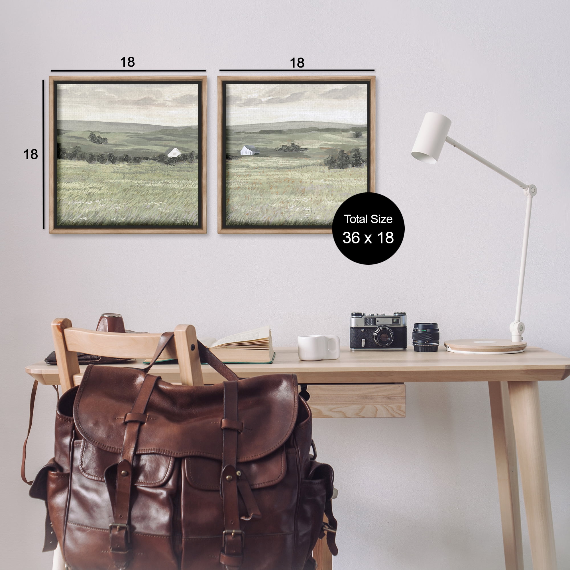Stupell Industries Traditional Distant Farmhouse Field Landscape & Nature Painting Brown Floater Framed Canvas Art Print Wall Art, 18 x 18, Set of 2