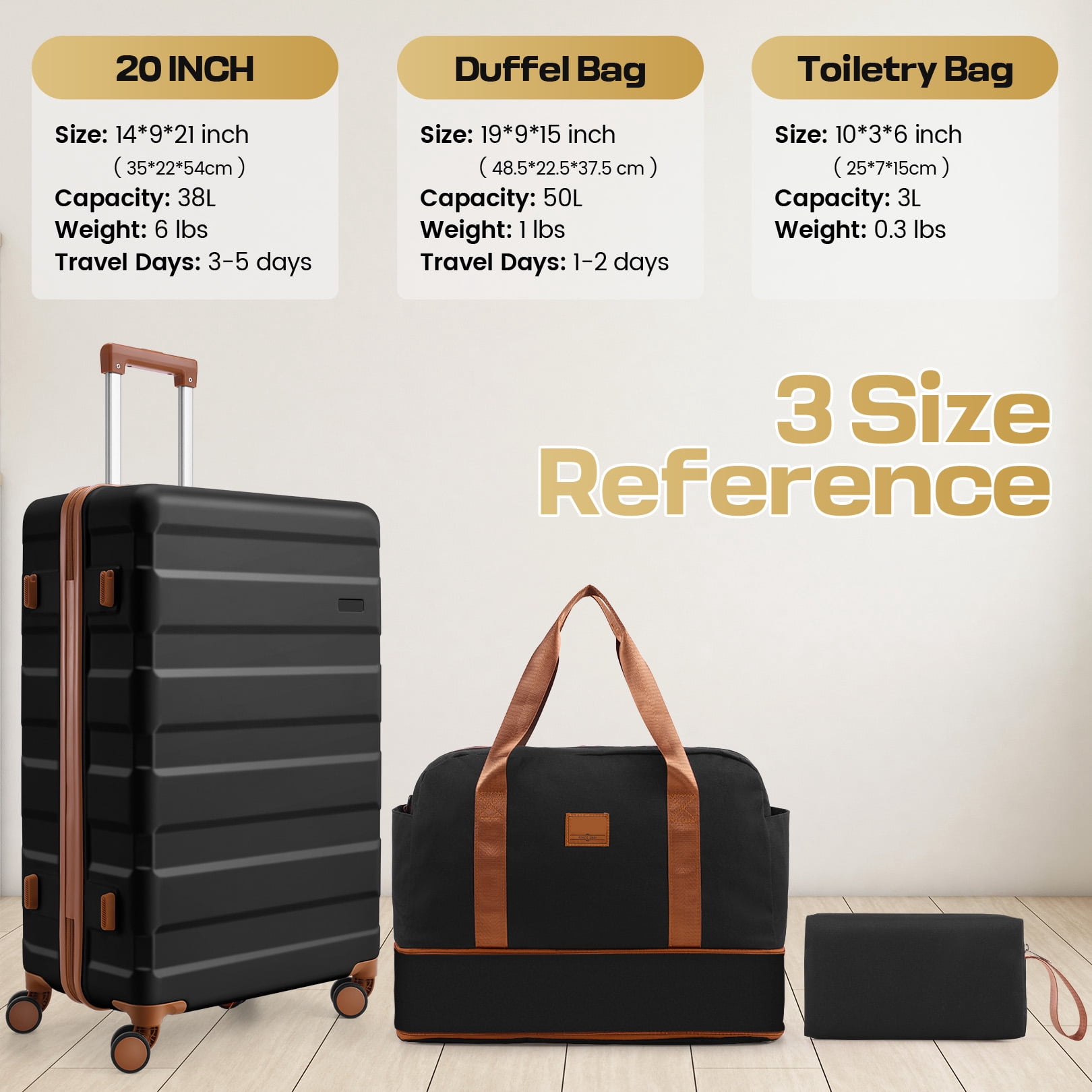 COBIZI 3 Piece Carry On Luggage Set, TSA Lock, Expandable Duffle Bag, Black