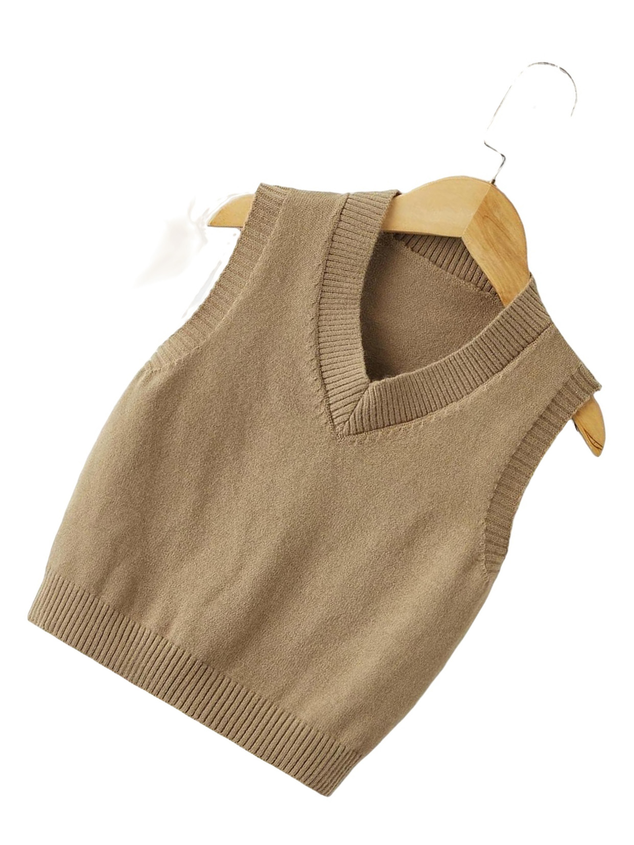 Casual Plain V neck Pullovers Sleeveless Mocha Brown Toddler Boy