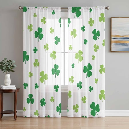 St. Patrick s Day Sheer Curtains 63 Inch Length 2 Panels Set Spring Lucky Shamrock Grass Watercolor Voile Window Treatment Rod Pocket Curtains Sheers Drapes for Bedroom/Living Room/Kitchen 52x 63 x2