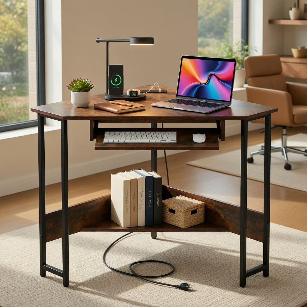 Spaco Triangle Corner Desk with Charging Station Keyboard Tray and Storage Shelf-Rustic Brown, Office Desk, Gaming Computer Desks for Study,Working,Writing