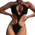 thumbnail image 2 of WREESH Womens One Piece Swimsuits Fashion Hollow-Out Halter Waist Bikini Solid Color Swimwear Beachwear Set Sleeveless Bathing Suits Black, 2 of 4
