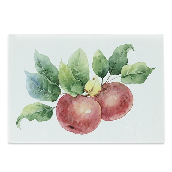 Fruits Cutting Board, Watercolor Art Style Branch with Green Leaves and Ripe Organic, Decorative Tempered Glass Cutting and Serving Board, Large Size, Coral White, by Ambesonne