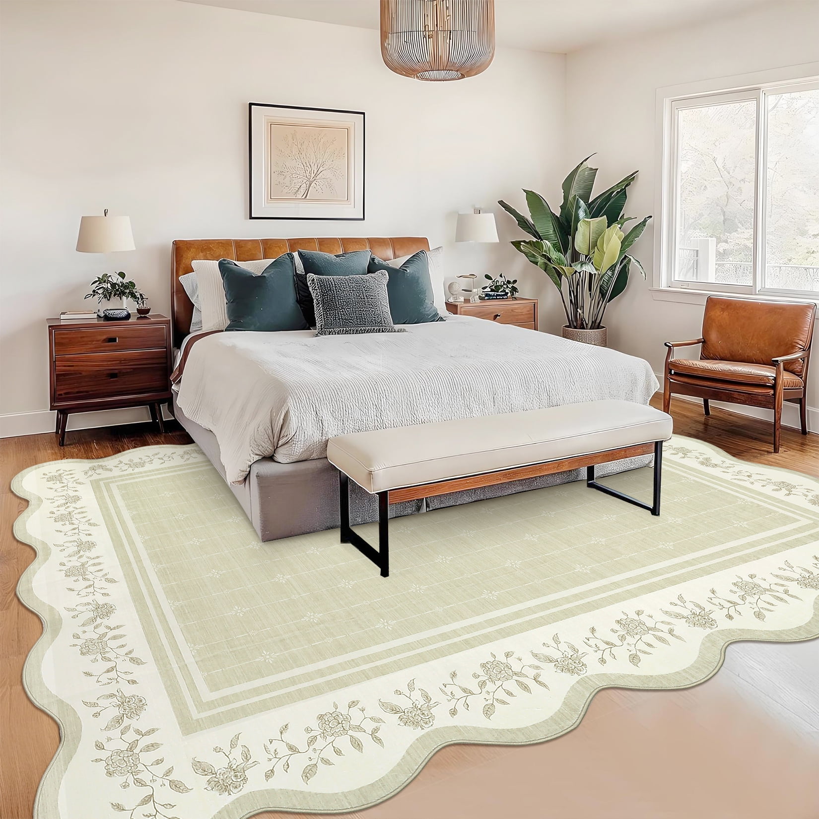Garvee 10'x13' Scalloped Area Rug Modern Floral Bordered Carpet, Machine Washable Rug with Non Slip Backing Soft Foldable Mat for Living Room Bedroom Dining Room, Beige