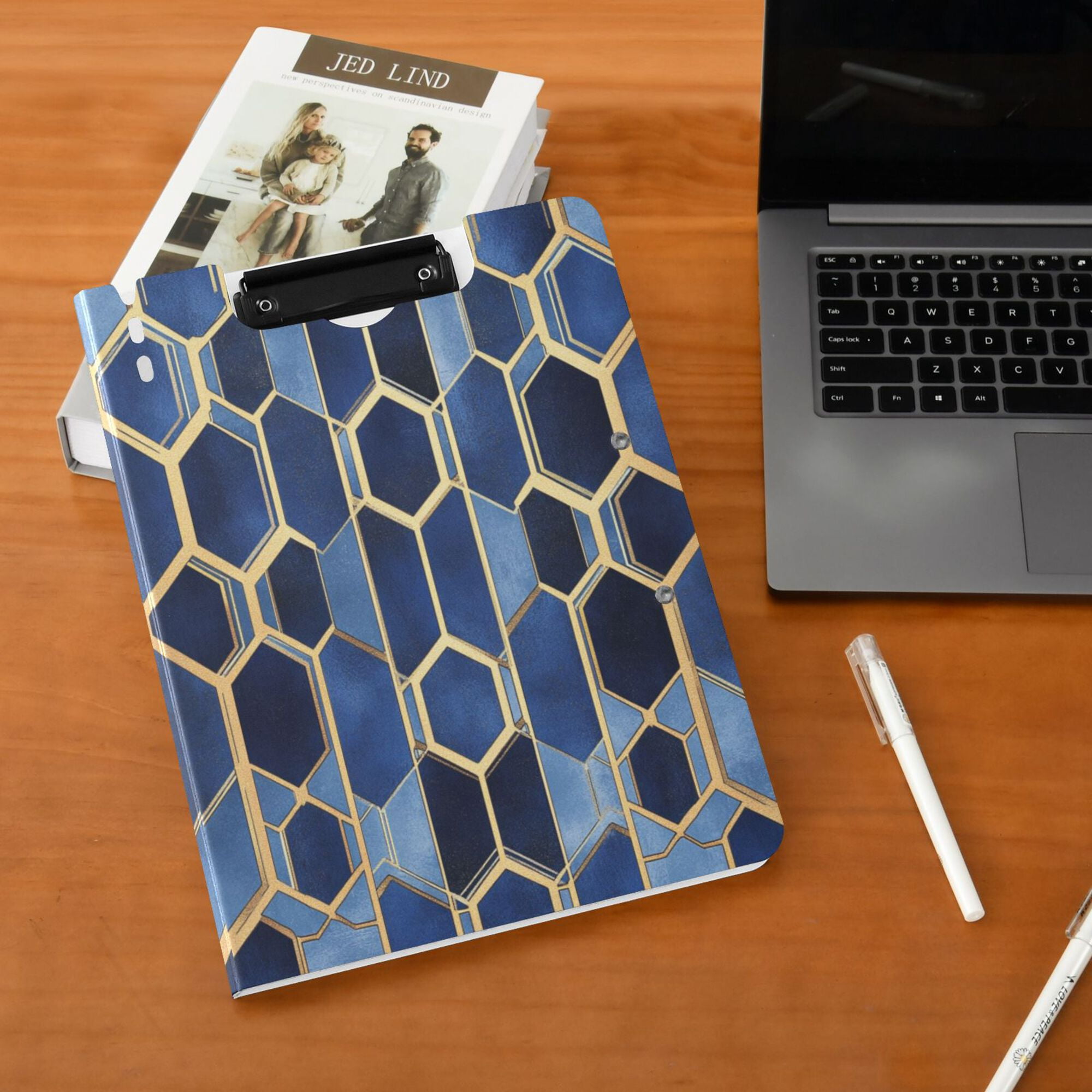 FORMRS A4 Clipboard Folder with Pen Holder Horizontal Foldable School Office Binder, Blue Hexagon Pattern