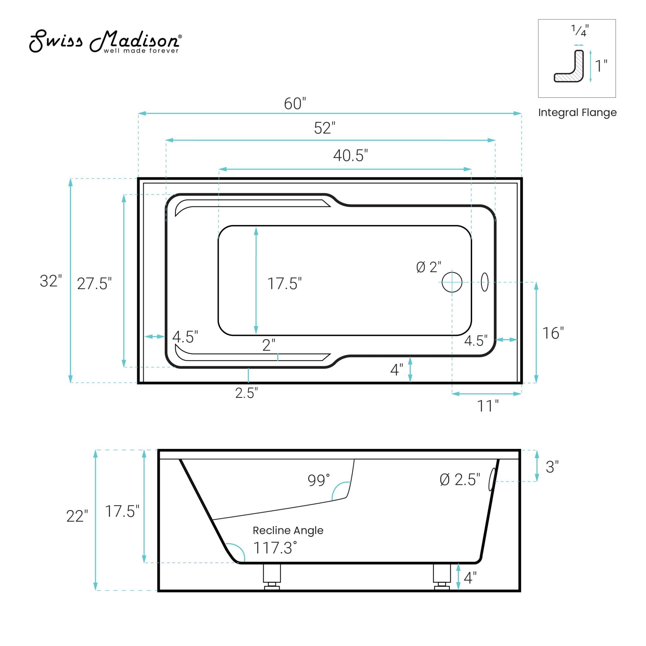Claire 60 x 32 Right Drain Soaking Alcove Corner Apron Bathtub in Glossy Gray